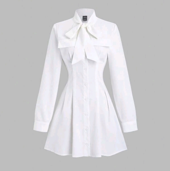 Women's Sweet Cute Bow Decor Minimalist Waisted Solid White Short Shirt  Dress - Picture 1 of 4